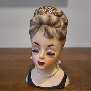 Vintage Lady Head Vase with Pearl Earrings